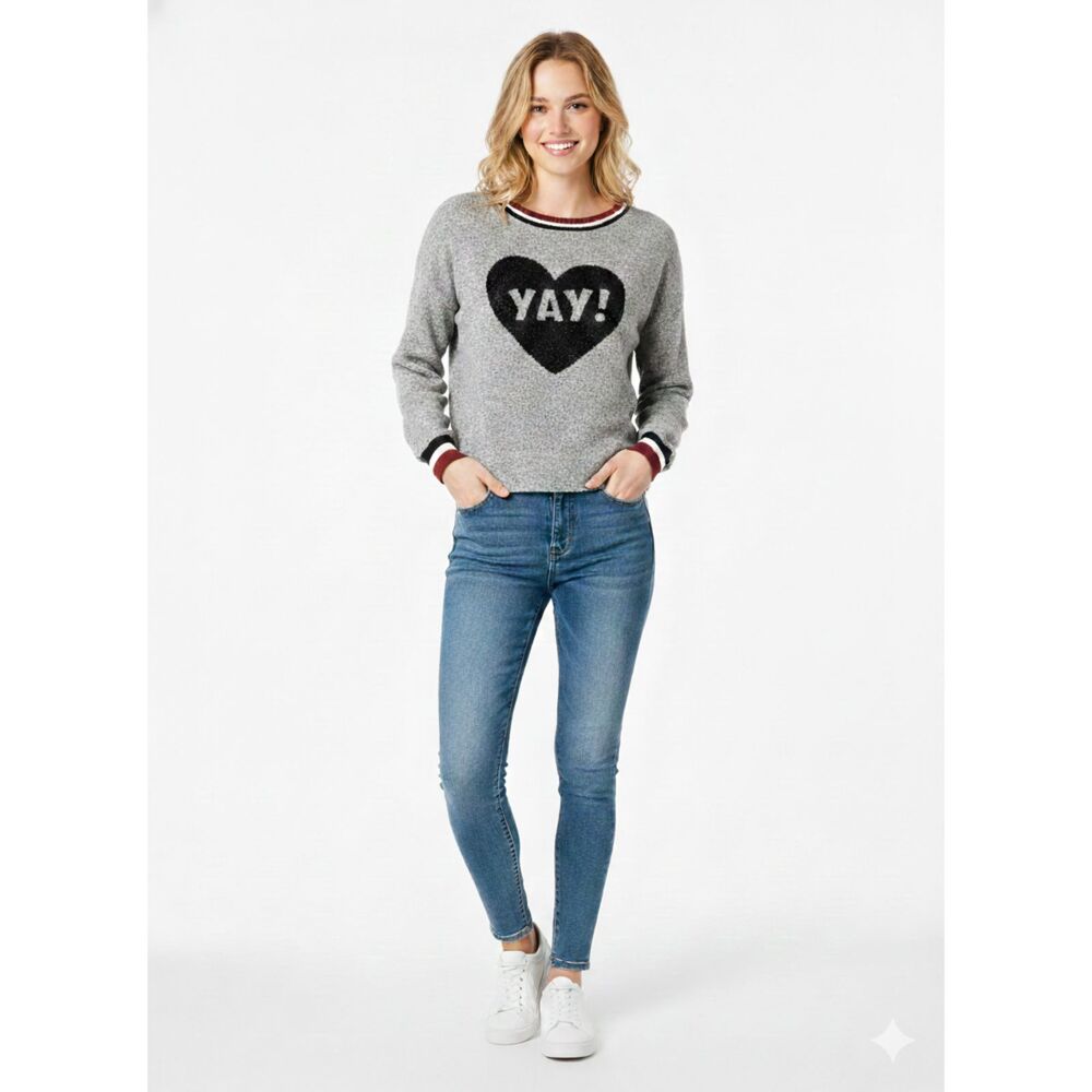 Buffalo David Bitton Grey Sequin Heart YAY Sweater Crewneck Ribbed Striped Med